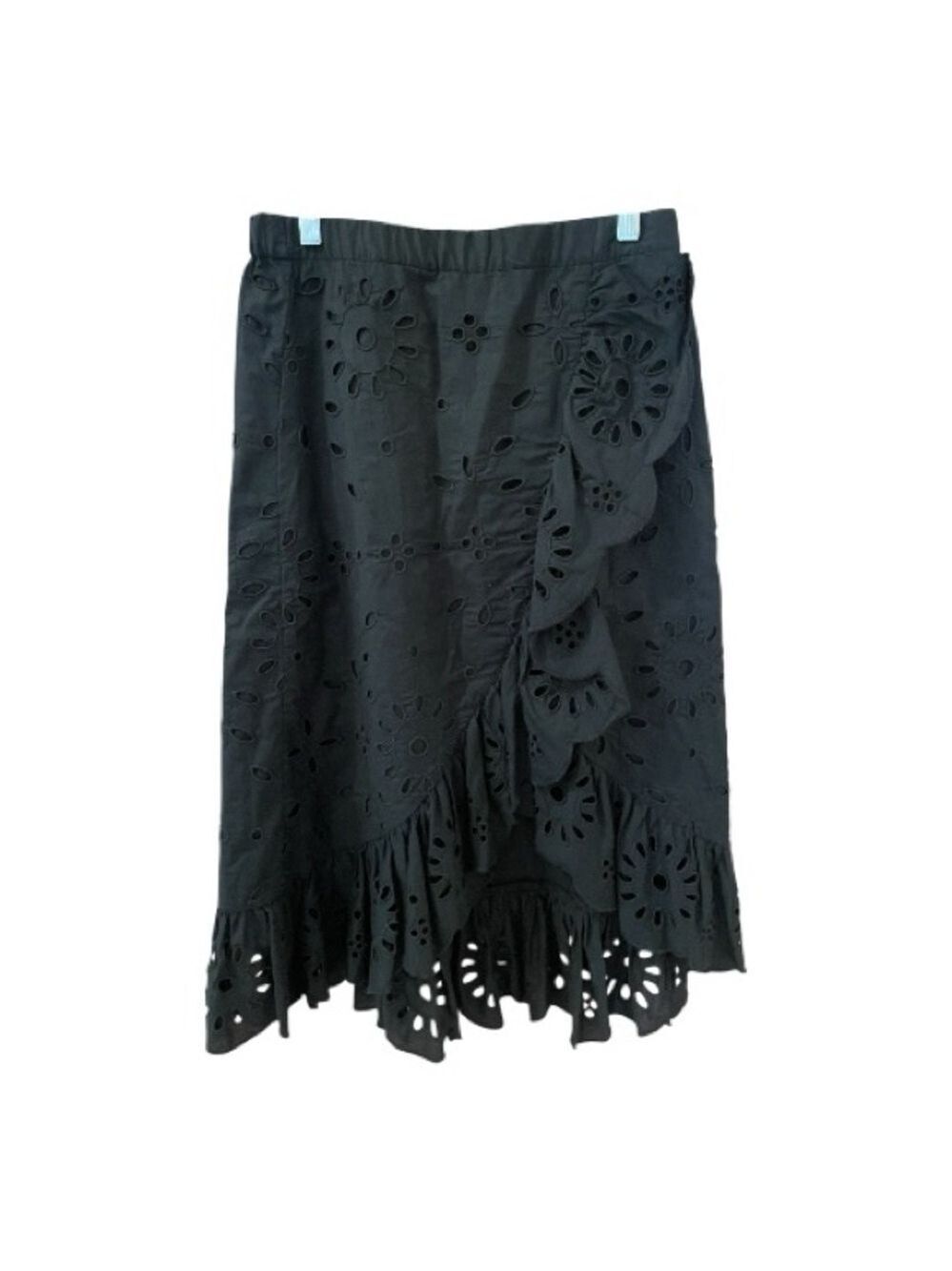 J. Crew Eyelet Asymmetrical Skirt, Size S, Black, Elastic Waist, Ruffles.